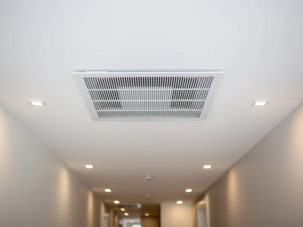 Bouche de diffusion gainable intégrée au plafond blanc d'un couloir
