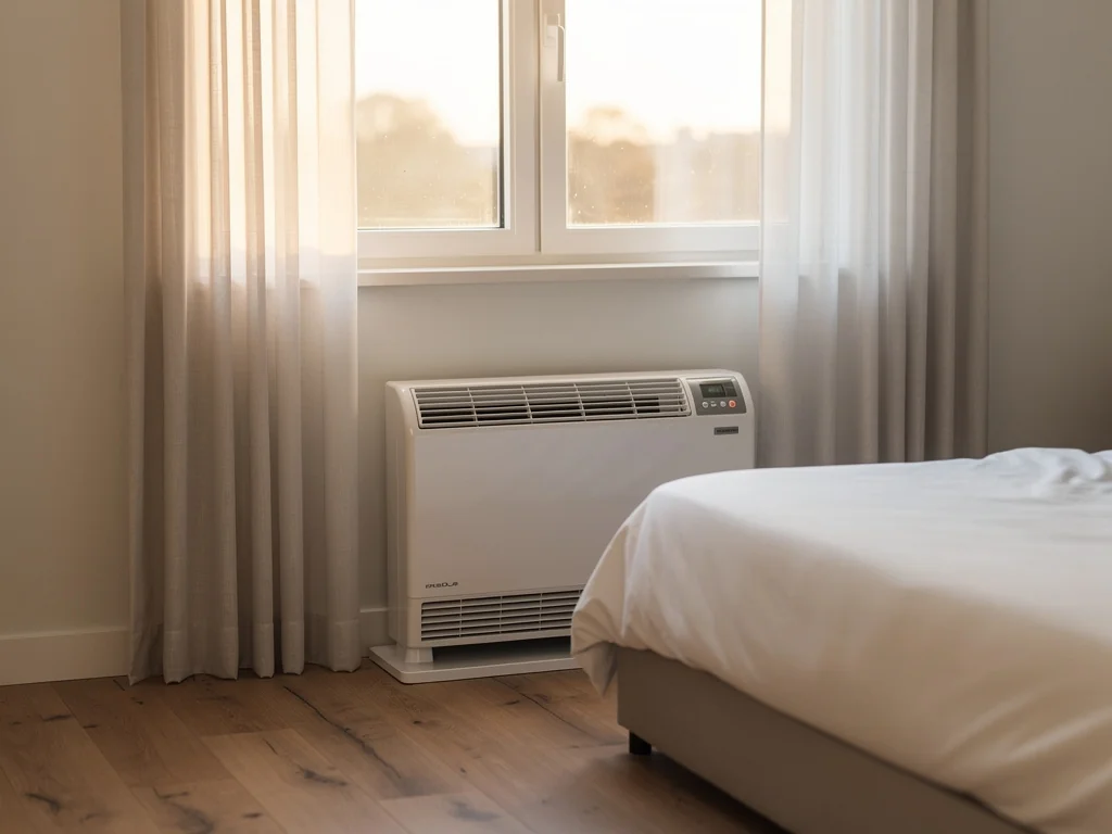 Console basse de climatisation posée au pied d'une fenêtre de chambre