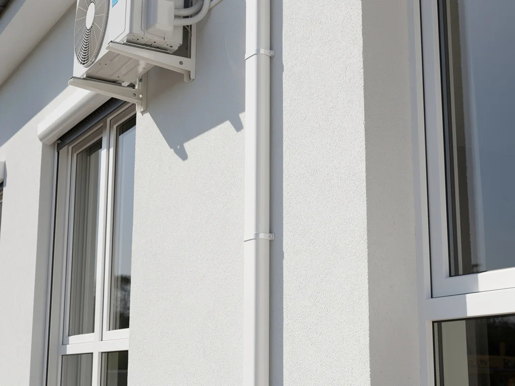 Goulotte de liaisons frigorifiques alignée le long d'une façade de maison